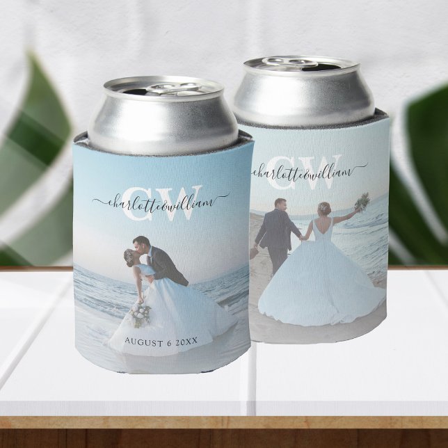 Monogram Modern Trendy 2 Photo Wedding Favours Can Cooler (Creator Uploaded)