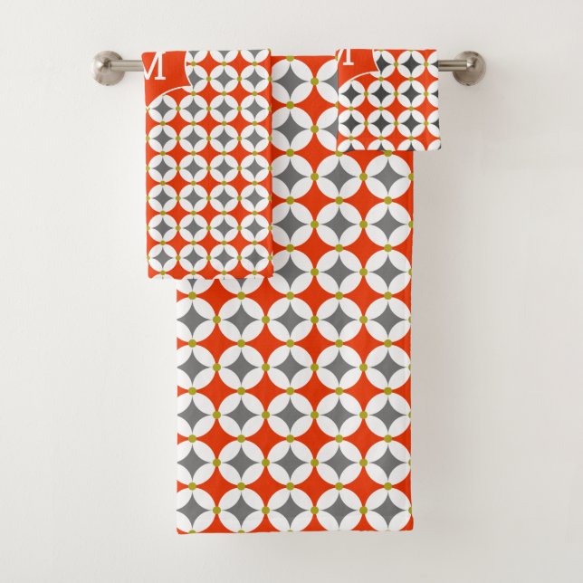 Monogram Modern Trendy Geometric Orange Grey Bath Towel Set (Insitu)