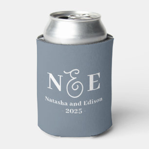 Monogram Modern Wedding Dusty Blue Can Cooler