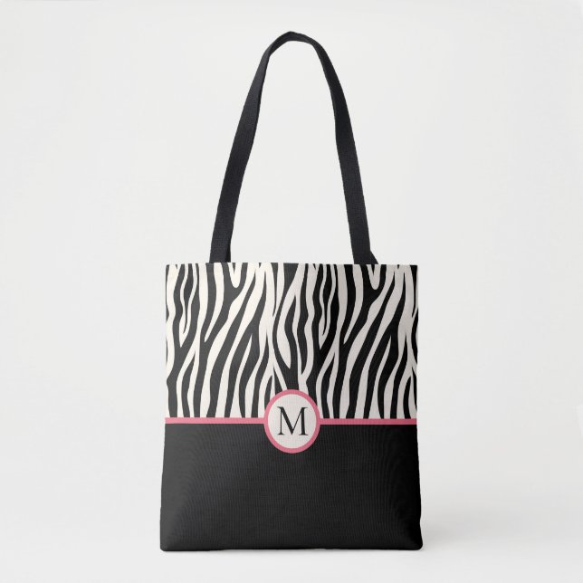 Monogram Modern Zebra Print Safari Animal Pattern Tote Bag (Front)