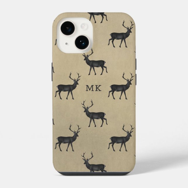 Monogram Monogrammed Deer Stag Rustic Pattern iPhone Case (Back)