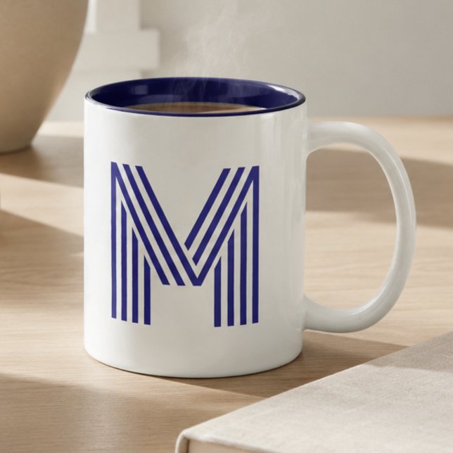 Monogram Monogrammed Initial Blue Modern Simple Two-Tone Coffee Mug (Creator Uploaded)