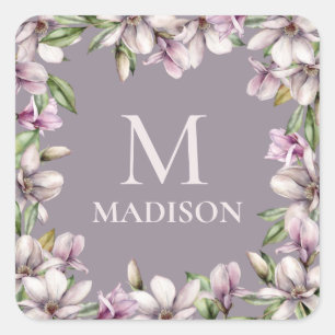 Monogram Monogrammed Magnolia Floral Personalised Square Sticker