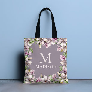Monogram Monogrammed Magnolia Floral Personalized Tote Bag