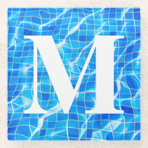 Monogram Monogrammed Swimming Blue Pool Aquatic Glass Coaster