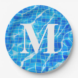 Monogram Monogrammed Swimming Blue Pool Aquatic Paper Plate