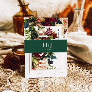 Monogram Moody Burgundy Emerald green Wedding Invitation Belly Band