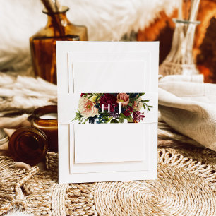 Monogram Moody Burgundy jewel Floral Wedding  Invitation Belly Band