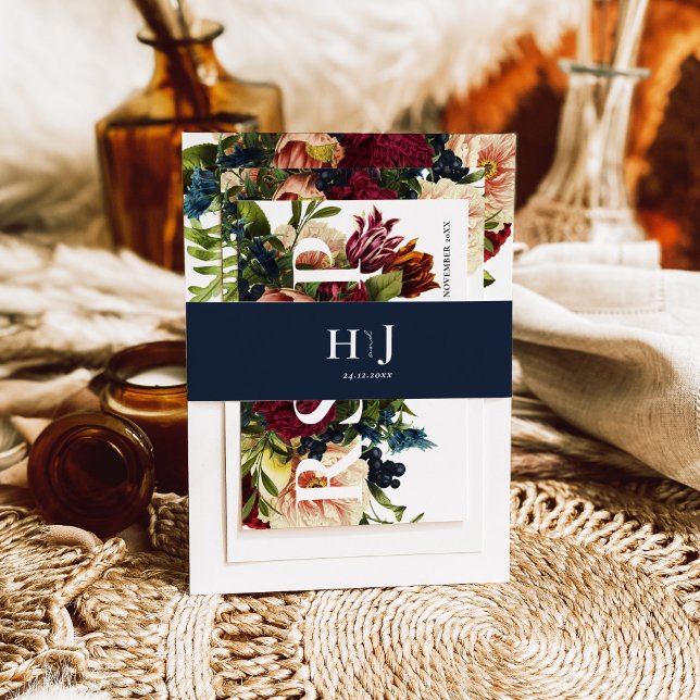 Monogram Moody Burgundy Navy Blue Wedding  Invitation Belly Band (Creator Uploaded)