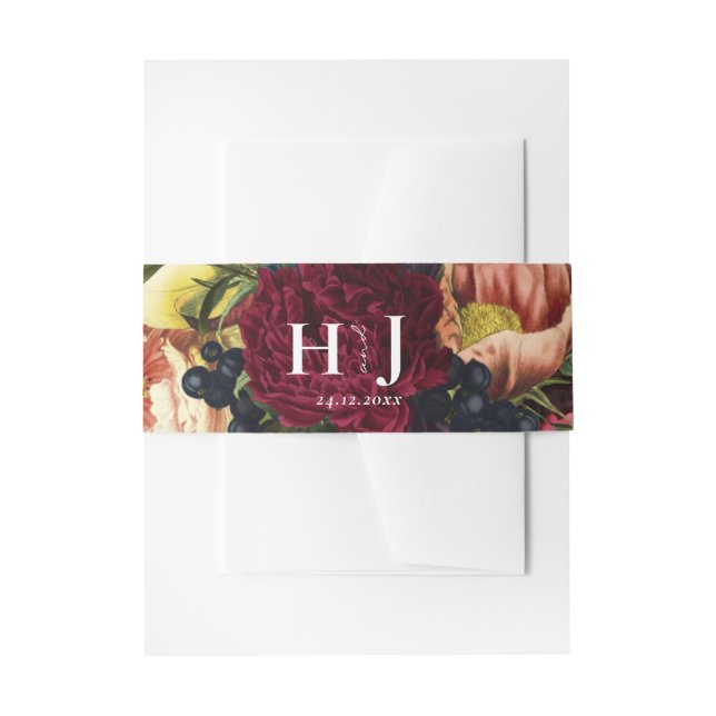 Monogram Moody Burgundy Winter Floral Wedding  Invitation Belly Band (Front Example)