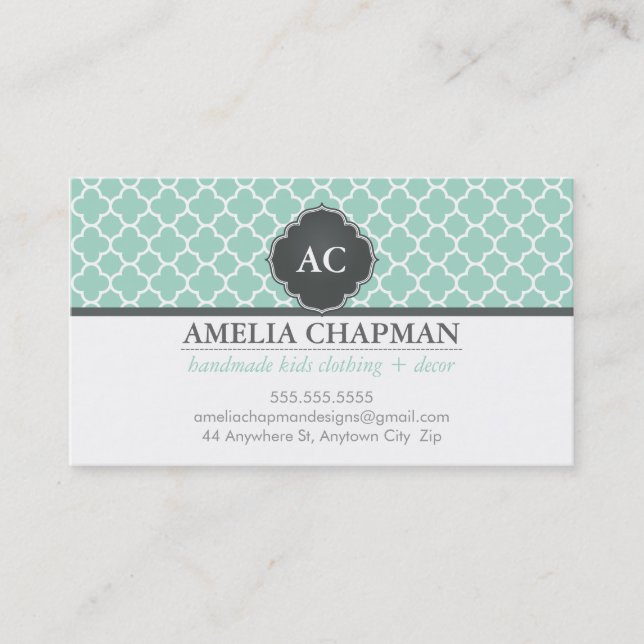 MONOGRAM morrocan tile pattern mint green grey Business Card (Front)