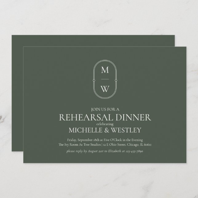 Monogram Moss Green Wedding Rehearsal Dinner Invitation (Front/Back)