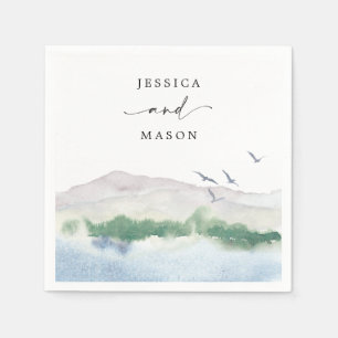 Monogram Mountain Lake Wedding Cocktail Napkin