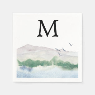 Monogram Mountain Lake Wedding Cocktail Napkin