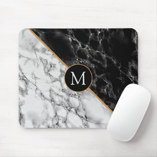 Monogram Mouse Pad Black and White Marble Stone (With Mouse)