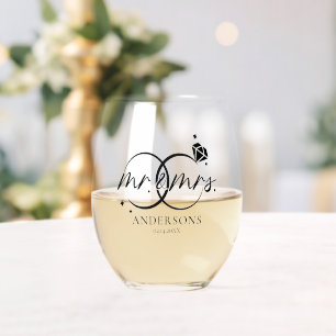 Monogram Mr & Mrs Family Name Newlywed Couples Stemless Wine Glass