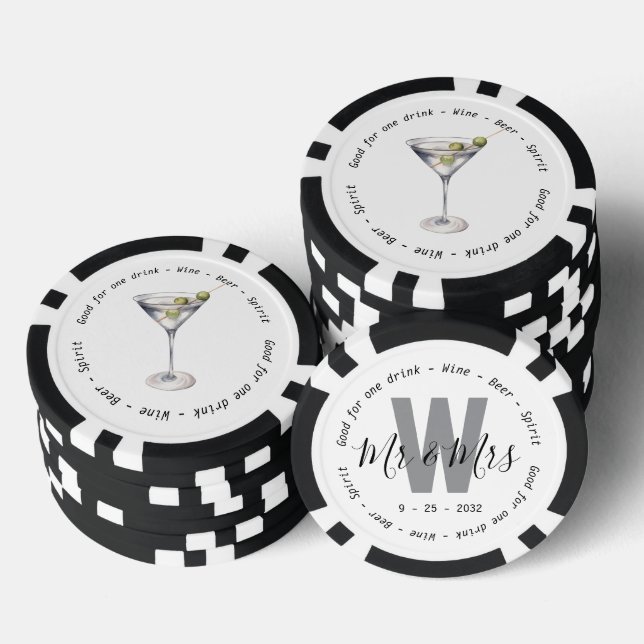 Monogram Mr Mrs Martini Drink Voucher Wedding Poker Chips (Stack)
