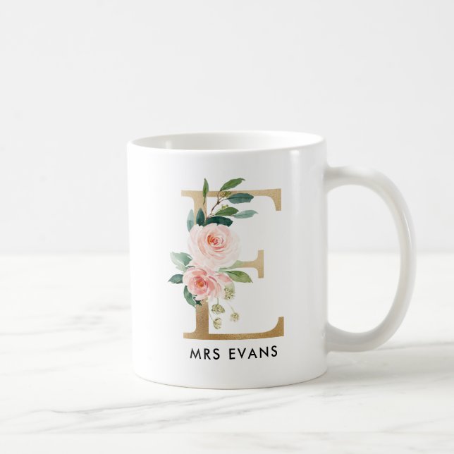 Monogram Mug, Floral Monogram E, Custom Gift, Gold Coffee Mug (Right)
