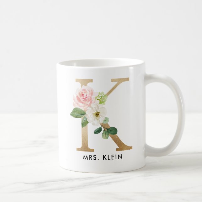 Monogram Mug, Floral Monogram K, Custom Gift, Gold Coffee Mug (Right)
