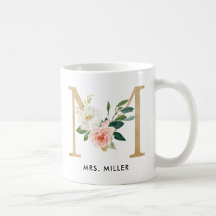 Monogram Mug, Floral Monogram M, Custom Gift, Gold Coffee Mug