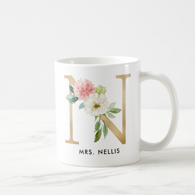 Monogram Mug, Floral Monogram N, Custom Gift, Gold Coffee Mug (Right)