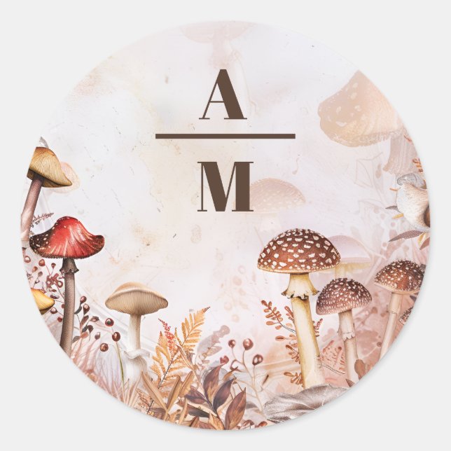 Monogram Mushroom Toadstool Enchanted Forest Weddi Classic Round Sticker (Front)