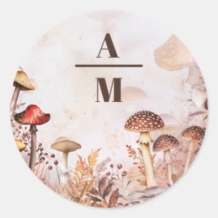 Monogram Mushroom Toadstool Enchanted Forest Weddi Classic Round Sticker