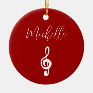 Monogram Music Treble Clef Red Christmas Ceramic Tree Decoration