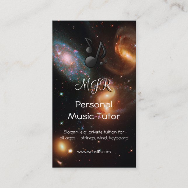 Monogram Music Tutor, deep space galaxy cluster Business Card (Front)