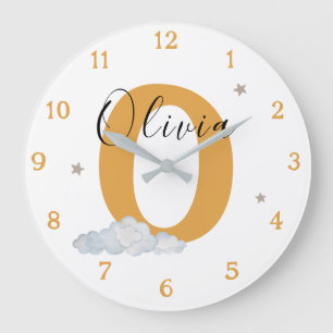Monogram Mustard Baby Initial Name Nursery Wall Large Clock