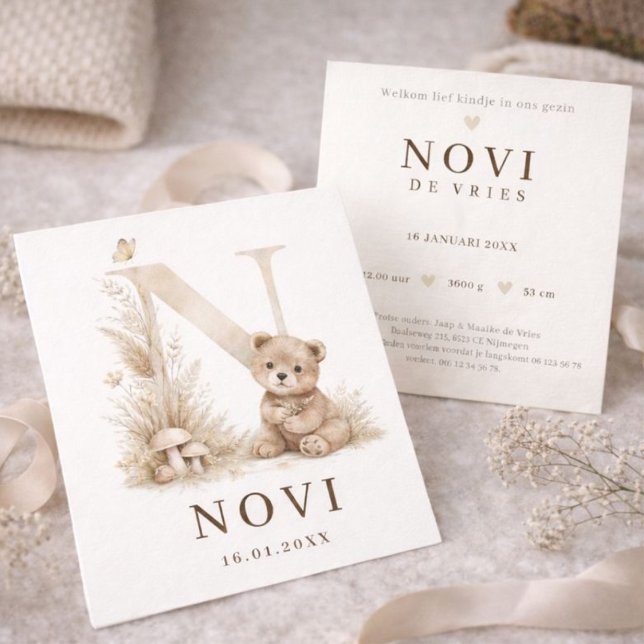 Monogram N Beer Neutraal Woodland Geboortekaartje Card (Creator Uploaded)