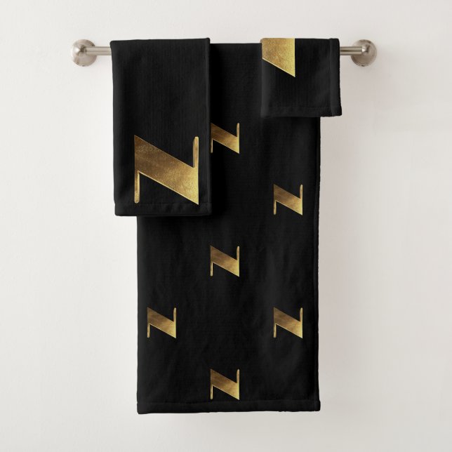 Monogram N Black and Gold Look Elegant Typography Bath Towel Set (Insitu)