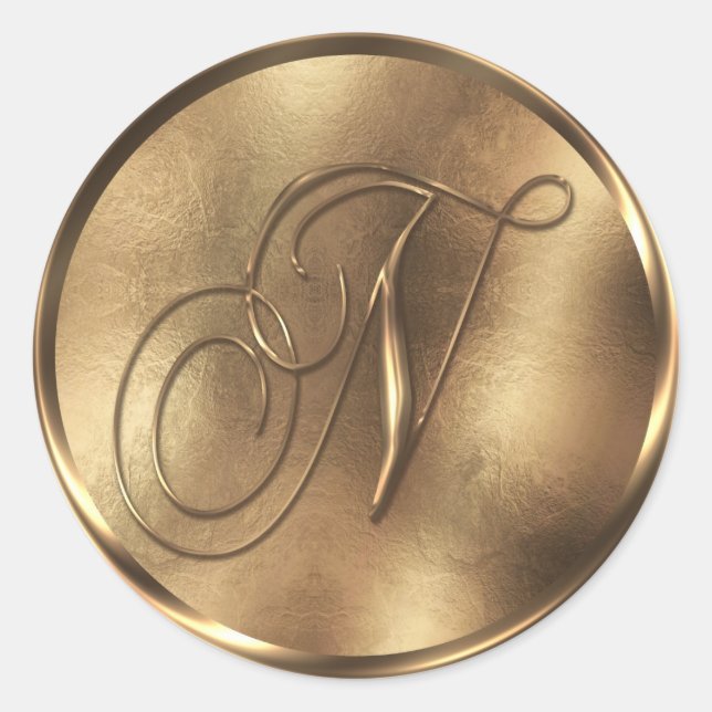 Monogram N Bronze Wedding Invitation Holiday Classic Round Sticker (Front)