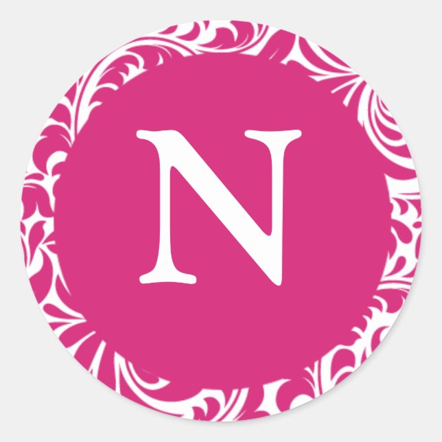 Monogram N Fuchsia White Custom Wedding Monograms Classic Round Sticker (Front)