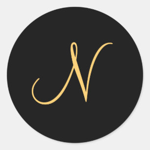 Monogram N,  gold coloured initial N on black, Classic Round Sticker