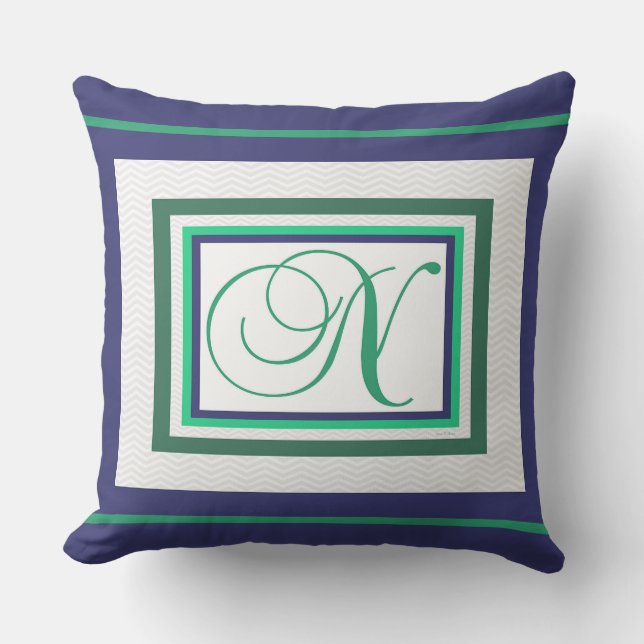 Monogram N Green White Script Cushion (Front)