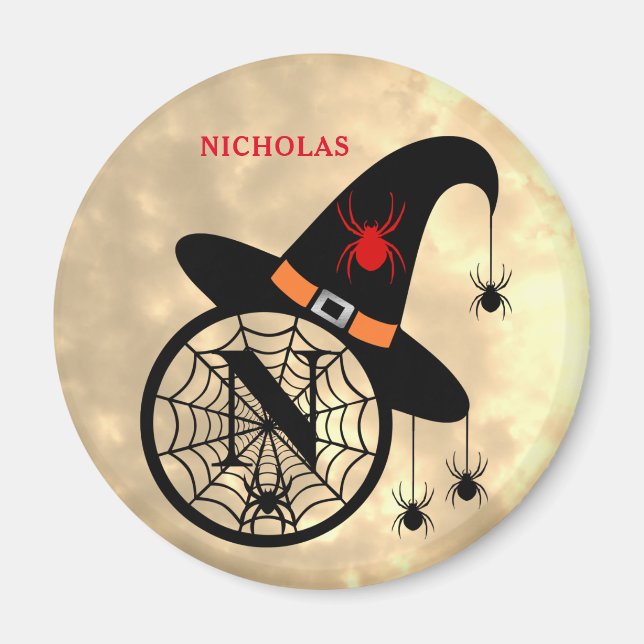 Monogram N Halloween Sky Witch Spiders Name Magnet (Front)