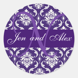 Monogram N Purple Damask Wedding Favour Sticker