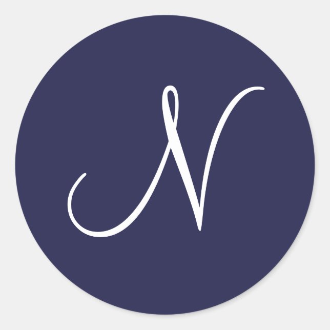 Monogram N, White on Navy Blue, Classic Round Sticker (Front)