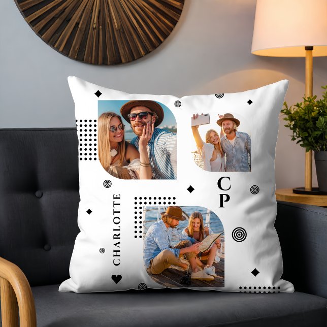 Monogram Name 3 Photo Collage Trendy Cushion (Creator Uploaded)