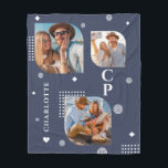Monogram Name 3 Photo Collage Trendy Fleece Blanket<br><div class="desc">Monogram Name 3 Photo Collage Trendy Modern Fleece Blanket features a photo collage of three of your favorite photos with your personalized name and monogram in elegant white script on a blue background. Personalize by editing the text in the text boxes provided. Perfect for birthday, Christmas, Mother's Day, Father's Day,...</div>
