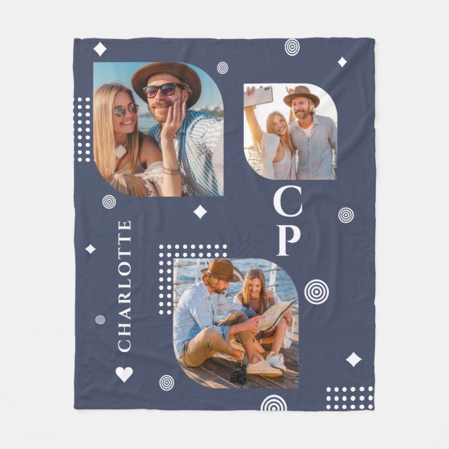 Monogram Name 3 Photo Collage Trendy Fleece Blanket (Front)