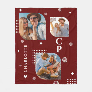 Monogram Name 3 Photo Collage Trendy Fleece Blanket