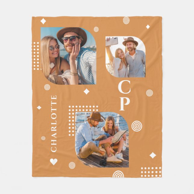 Monogram Name 3 Photo Collage Trendy Fleece Blanket (Front)