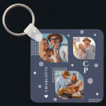 Monogram Name 3 Photo Collage Trendy Key Ring<br><div class="desc">Monogram Name 3 Photo Collage Trendy Modern Keychain features a photo collage of three of your favourite photos with your personalised name and monogram in elegant white script on a blue background. Personalise by editing the text in the text boxes provided. Perfect for birthday, Christmas, Mother's Day, Father's Day, sister,...</div>