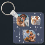 Monogram Name 3 Photo Collage Trendy Key Ring<br><div class="desc">Monogram Name 3 Photo Collage Trendy Modern Keychain features a photo collage of three of your favourite photos with your personalised name and monogram in elegant white script on a blue background. Personalise by editing the text in the text boxes provided. Perfect for birthday, Christmas, Mother's Day, Father's Day, sister,...</div>
