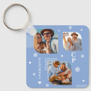 Monogram Name 3 Photo Collage Trendy Key Ring