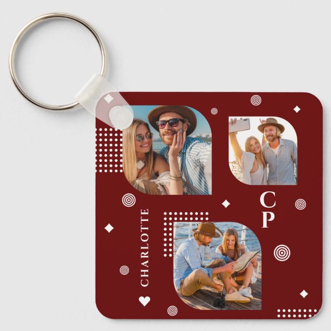 Monogram Name 3 Photo Collage Trendy Key Ring (Front)
