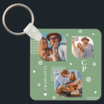 Monogram Name 3 Photo Collage Trendy Key Ring<br><div class="desc">Monogram Name 3 Photo Collage Trendy Modern Keychain features a photo collage of three of your favourite photos with your personalised name and monogram in elegant white script on a green background. Personalise by editing the text in the text boxes provided. Perfect for birthday, Christmas, Mother's Day, Father's Day, sister,...</div>
