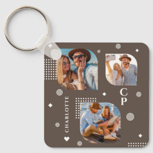 Monogram Name 3 Photo Collage Trendy Key Ring